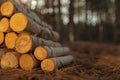 Stack of cut firewood in forest on sunny day, closeup. Space for text Royalty Free Stock Photo