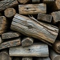 A stack of cut logs with visible growth rings and rough, cracked bark. The logs vary in Royalty Free Stock Photo
