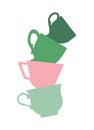 A stack of cute colorful cups. A pyramid of mugs on a white background. Flat design. Vector illustration.