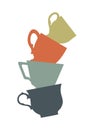 A stack of cute colorful cups. A pyramid of mugs on a white background. Flat design. Vector illustration.