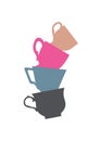 stack of cute colorful cups. A pyramid of mugs on a white background. Flat design. Vector illustration.