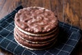 Stack of dark chocolate covered rice cakes or corn crackers Royalty Free Stock Photo