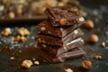 Stack of dark chocolate with hazelnuts and walnuts on dark background Royalty Free Stock Photo