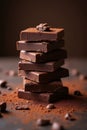 Stack of dark chocolate pieces on rustic table. A close-up of a stacked pile of dark chocolate pieces Ai generated Royalty Free Stock Photo