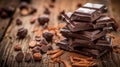 Stack of dark chocolate pieces with spices on a rustic wooden table Royalty Free Stock Photo