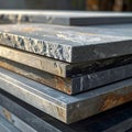Stack of Dark Stone Slabs with Natural Rough Edges and Golden Veining material construction Royalty Free Stock Photo