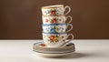 Stack of Decorative Floral Tea Cups and Saucers, Vintage Porcelain Tableware Royalty Free Stock Photo