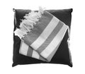 Stack of decorative pillows and plaid isolated on white Royalty Free Stock Photo