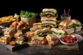 stack of deli sandwiches and wraps with variety of fillings, side salads, and chips Royalty Free Stock Photo