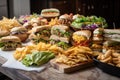 stack of deli sandwiches and wraps with variety of fillings, side salads, and chips Royalty Free Stock Photo