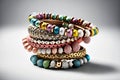 stack of delicate, colorful bracelets on a white surface