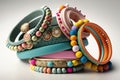 stack of delicate, colorful bracelets on a white surface