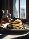 A stack of delicious blueberry pancakes topped with syrup on a plate Royalty Free Stock Photo