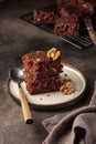 Stack of delicious brownie pieces with hazelnuts on a plate on dark background Royalty Free Stock Photo