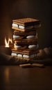 Stack of delicious cookies with hot chocolate on wooden table and dark background