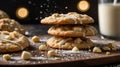 Stack of Delicious White Chocolate Macadamia Nut Cookies with Drizzle Icing Royalty Free Stock Photo