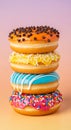 Stack of Delicious Donuts Glazed with Colorful Toppings on Pastel Backdrop Royalty Free Stock Photo