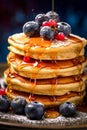 Stack of delicious fluffy homemade pancakes with fresh blueberries and honey on a plate. Traditional American breakfast food