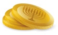 Pile of Hanukkah gelt coins decorated with hanukkiah silhouette, Vector illustration