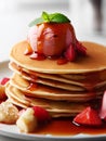 Delicious pancakes on plate with maple syrup and ice cream topping Royalty Free Stock Photo