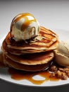 Delicious pancakes on plate with maple syrup and ice cream topping Royalty Free Stock Photo