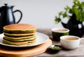 Stack of delicious Matcha tea pancakes