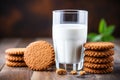 Stack of Delicious Oatmeal Cookies and Milk on Rustic Wooden Table with Ample Copy Space