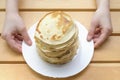 Stack of delicious pancakes on plate. Close up Royalty Free Stock Photo