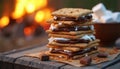 Stack of delicious smores sits on rustic wooden table. Melted chocolate, toasted marshmallows between graham crackers. Warm Royalty Free Stock Photo