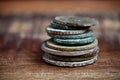 Stack of different ancient copper coins with patina Royalty Free Stock Photo