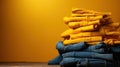 Stack of different blue and yellow jeans on the table. Yellow background. Fashion and retail concept. Copy space. Royalty Free Stock Photo