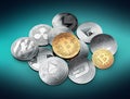 Stack of different cryptocurrencies with a golden bitcoin on the top Royalty Free Stock Photo