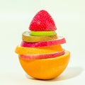 Stack of different fruit slices on sofe green background, concept for health care, fruit punch Royalty Free Stock Photo