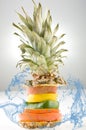 Stack of different fruit slices splashed by water, concept for health care,withered pepper (shrivel), dry pineapple top