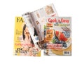 Stack of different magazines on white, top view Royalty Free Stock Photo