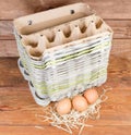 Stack of empty pulp egg cartons and several chicken eggs