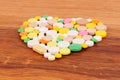 Heap of pills on wooden desk