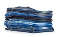 Stack of different shades of blue jeans