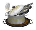 Stack of Dirty Dishes and Utensils with Ladle and Saucepan Vector Illustration