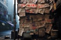 A stack of discarded newspapers sits on the side of a street, contributing to the littered urban scene, A poignant symbolism of Royalty Free Stock Photo