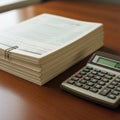 Stack of Documents and Calculator on Wooden Desk Royalty Free Stock Photo