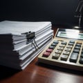Stack of Documents and Calculator on Wooden Desk Royalty Free Stock Photo