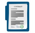 Stack of documents or contract papers with abstract signatures and stamp