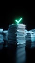 Stack of documents with glowing check mark symbolizing approval