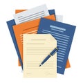 A stack of documents includes papers in blue, orange, and white, placed in a mess Royalty Free Stock Photo