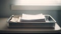Stack Of Documents In A Metal Tray On A Desk. Office Organization And Paperwork Management Royalty Free Stock Photo