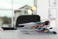 Stack of documents with paper clips on office table. Royalty Free Stock Photo