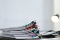 Stack of documents with paper clips on office table. Royalty Free Stock Photo