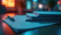 Stack of documents and pen on desk. Neon lights glow in background, representing modern office atmosphere. Paperwork, contracts, Royalty Free Stock Photo