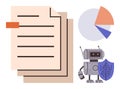 Robot analyzing documents alongside data visualization and cybersecurity shield concept Royalty Free Stock Photo
